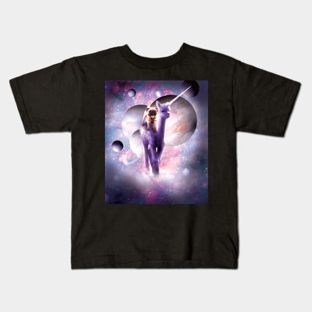 Funny Space Pug Riding On Alpaca Unicorn Kids T-Shirt by Random Galaxy